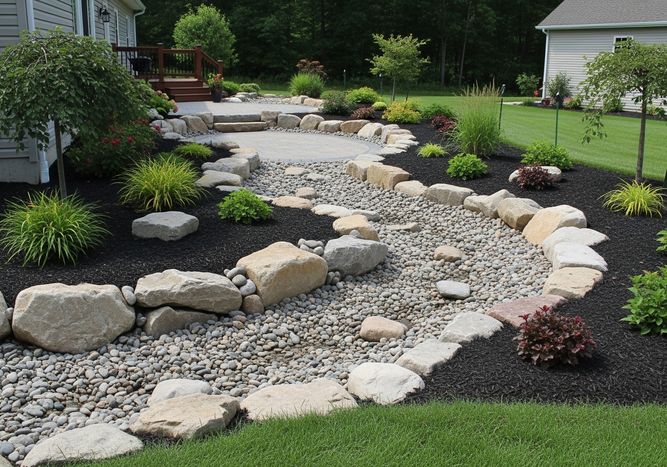 Backyard landscaping featuring a decorative dry creek bed lined with large stones, leading to a stone patio with steps, surrounded by black mulch and various plants. Landscaping with Dry Creek Bed and Stone Patio
