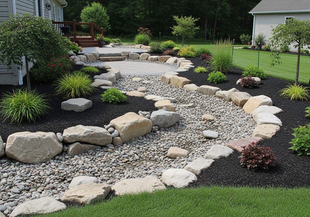 Landscaping with Dry Creek Bed and Stone Patio