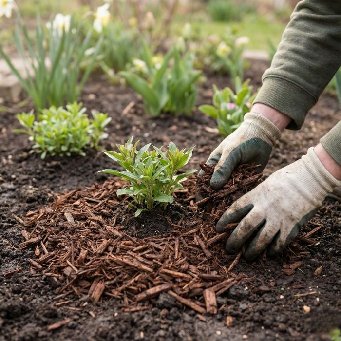 A gardener's gloved hands carefully spread dark wood mulch around a newly planted green perennial in early spring.