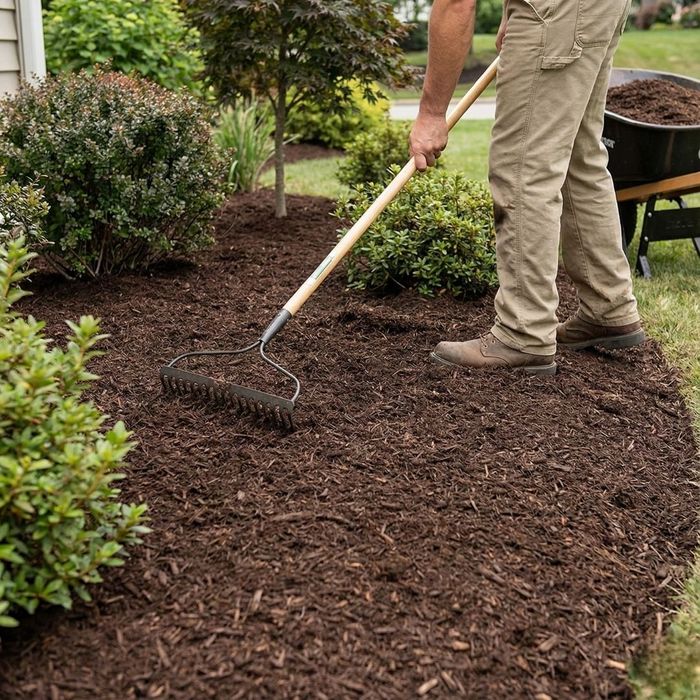 A professional landscaper uses a rake to evenly spread dark brown mulch in a garden bed around bushes in Shippensberg