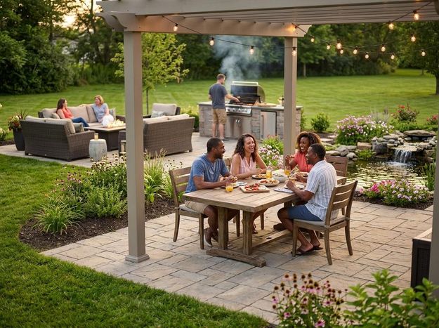 Friends dine on a patio under a pergola with string lights, while others grill and relax by a fire pit and a pond with a waterfall. Friends Enjoying an Outdoor Dinner Party and Backyard BBQ