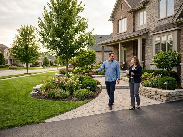 A man and a female real estate agent walk on a paved path in front of a large, landscaped house in a suburban neighborhood. Real Estate Agent and Client Touring a Home