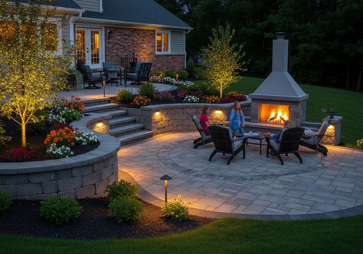 Outdoor Patio with Fireplace and Landscape Lighting