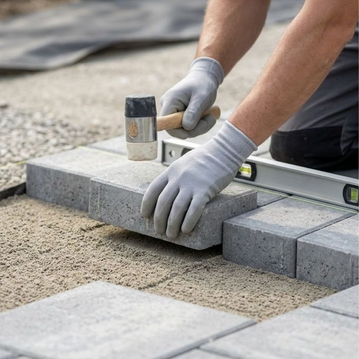 A close up of a hand setting a paver stone.