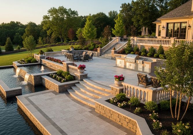 Luxury Outdoor Living Space with Water Feature and Built-in Grill