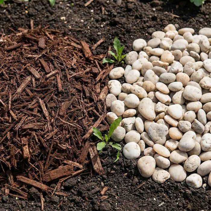 A close-up photograph showing dark brown shredded wood mulch next to smooth white garden stones on top of soil in Shippensberg