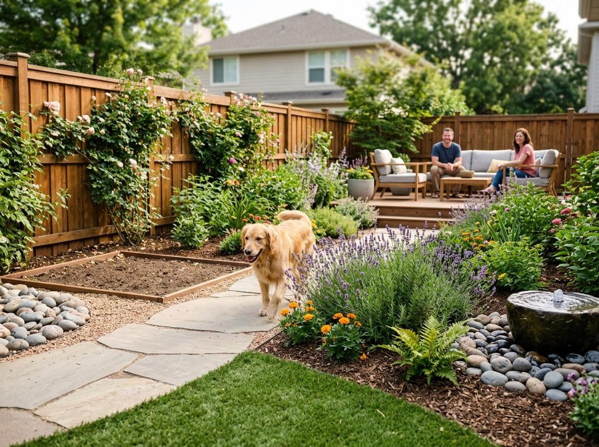 Golden Retriever in a Landscaped Backyard Garden