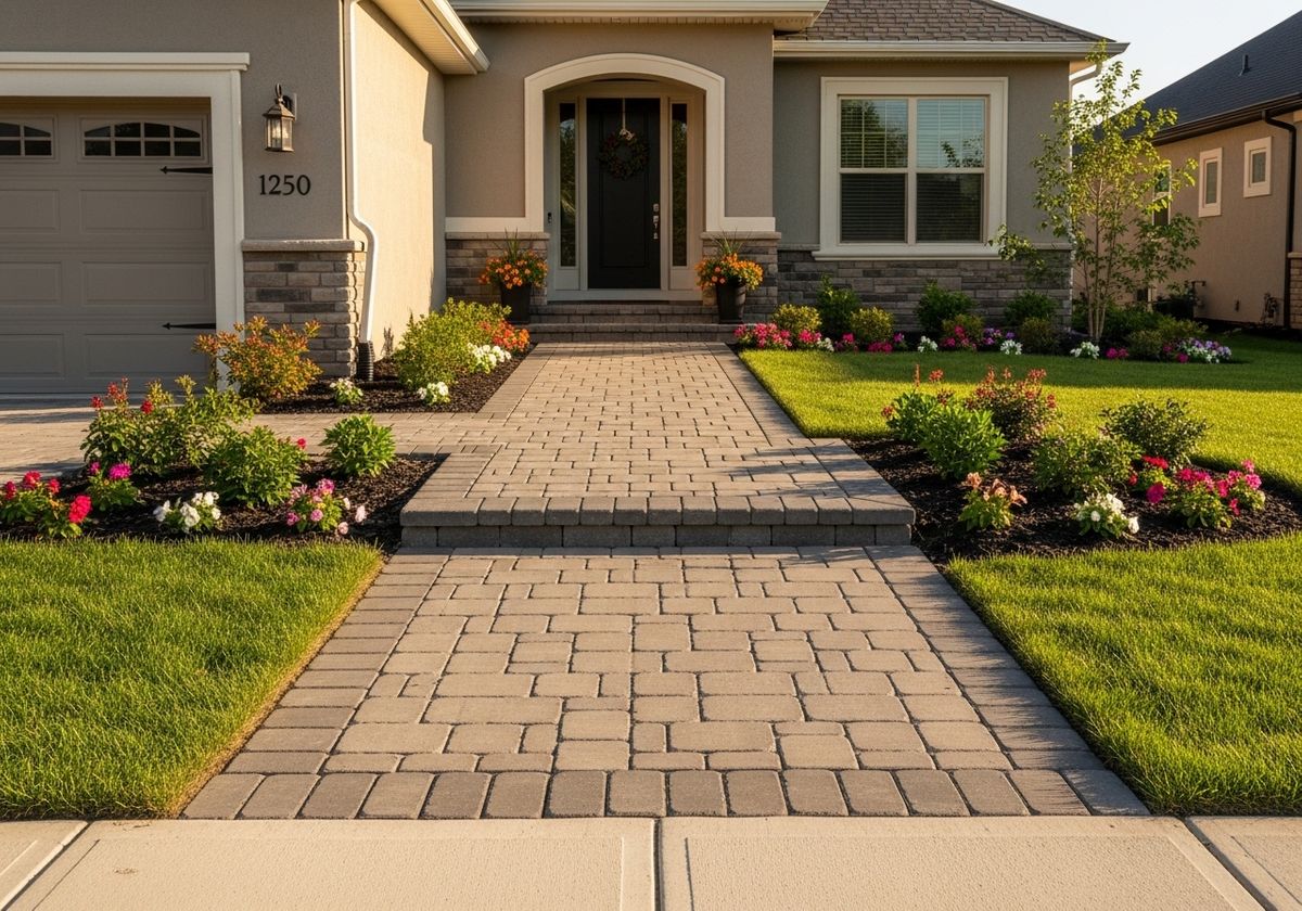 Inviting Home Exterior with Paver Walkway and Lush Landscaping