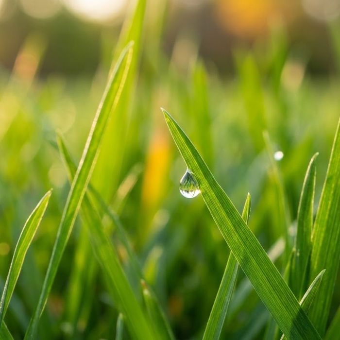 A close-up of healthy grass with a dewdrop.
