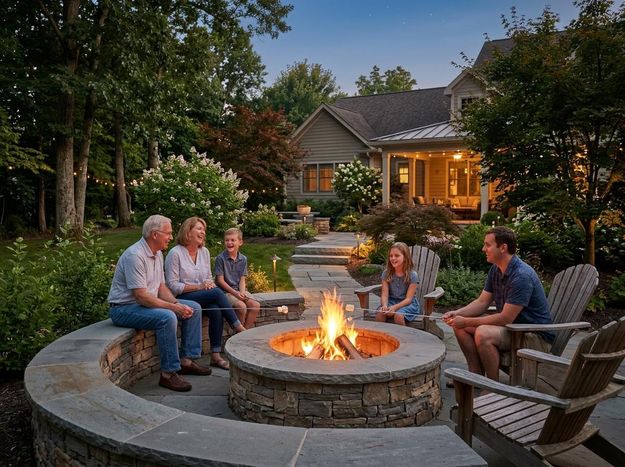 A multigenerational family smiles while roasting marshmallows over a stone fire pit in a beautifully lit backyard at dusk. Family Roasting Marshmallows Around Backyard Fire Pit
