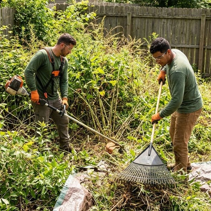 A professional crew clears thick, overgrown garden brush.