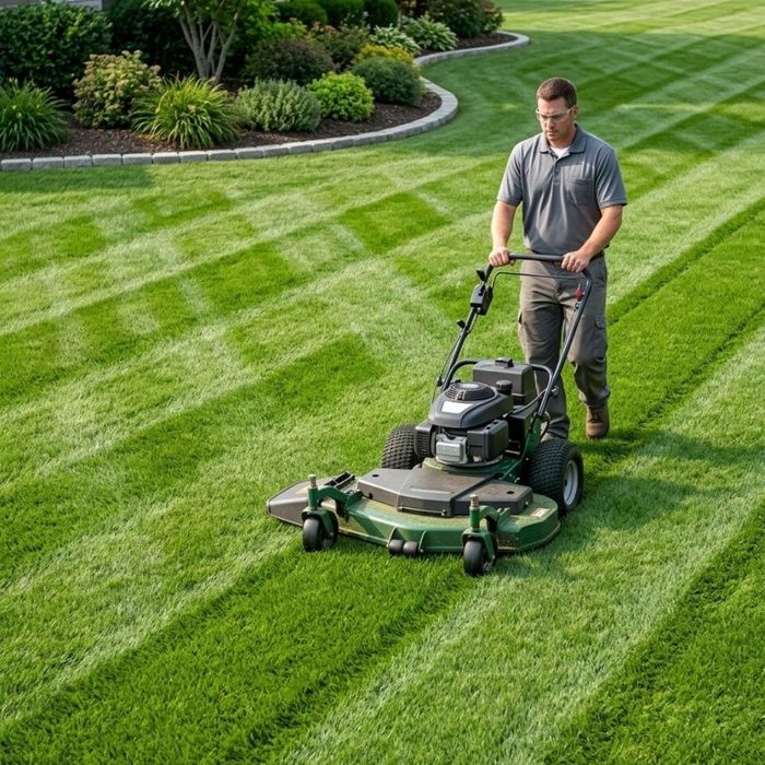 A landscape worker mows complex diagonal stripes.