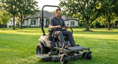 A landscape pro uses a large zero-turn mower.