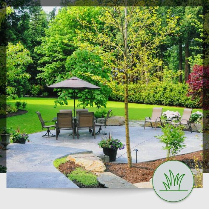 stone patio and nicely landscaped yard