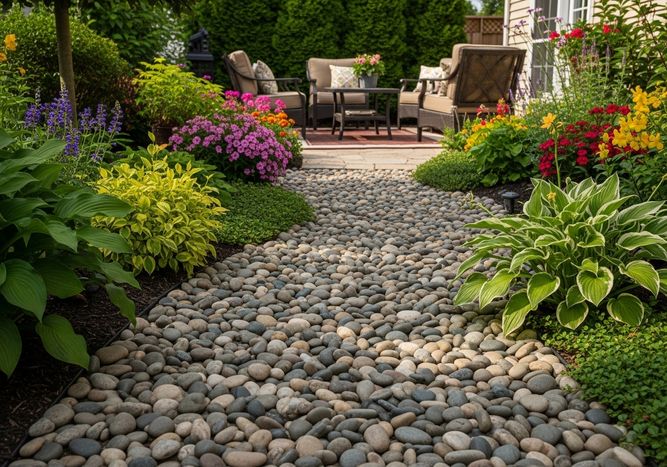 A stone pathway leads to an outdoor patio set surrounded by colorful flowers and lush greenery, creating a tranquil garden setting. Serene Garden Pathway