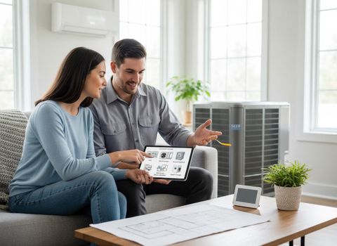 A smiling couple sits on a sofa, pointing at a tablet displaying a control console for their home's heating and cooling system. An outdoor AC unit is visible in the background. Couple reviews smart home HVAC system on a tablet