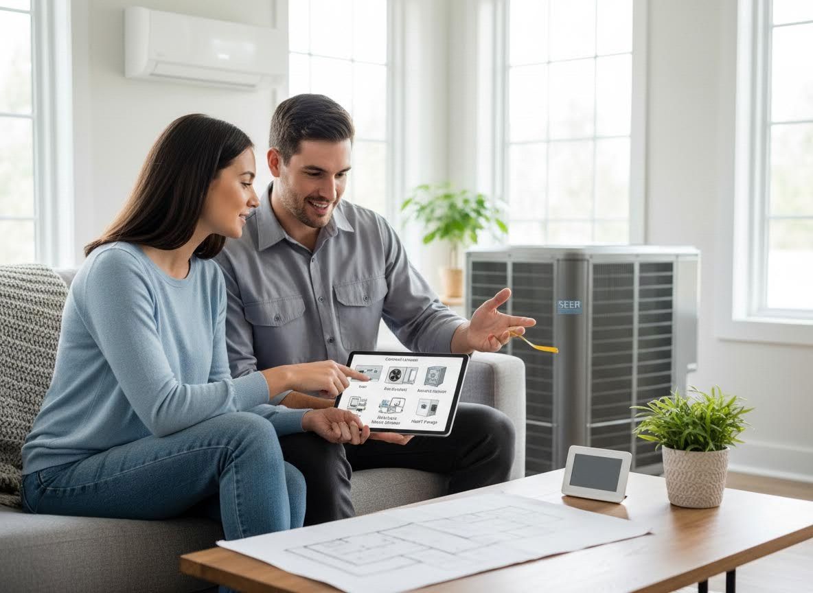 Couple reviews smart home HVAC system on a tablet
