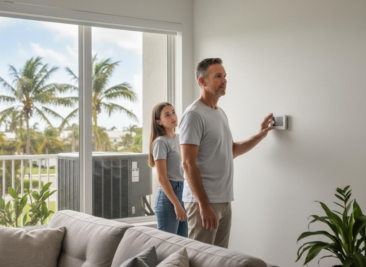 Man and daughter adjusting smart home thermostat