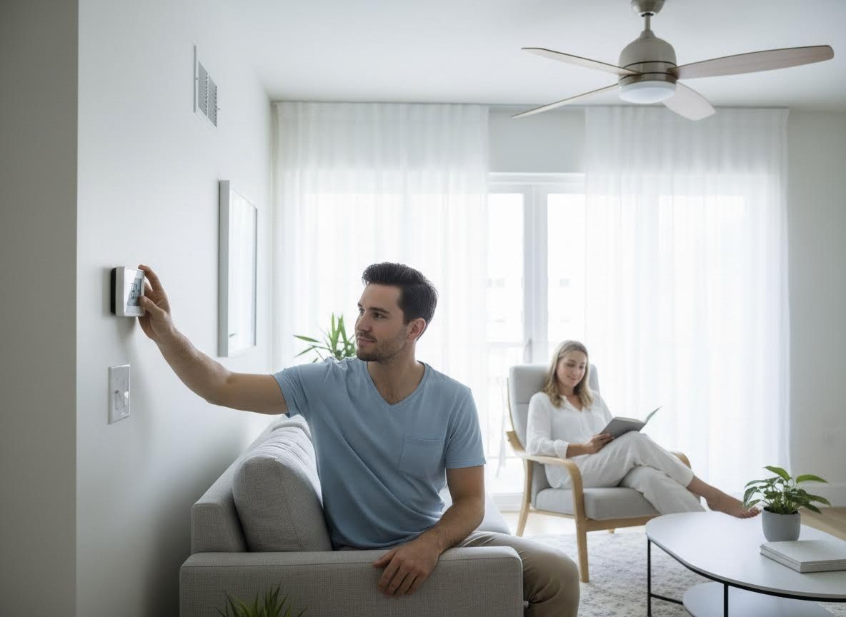 Man Adjusting Smart Thermostat in Modern Living Room