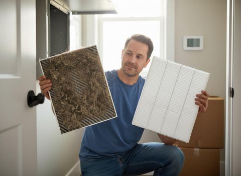 Man holding dirty and clean air filters