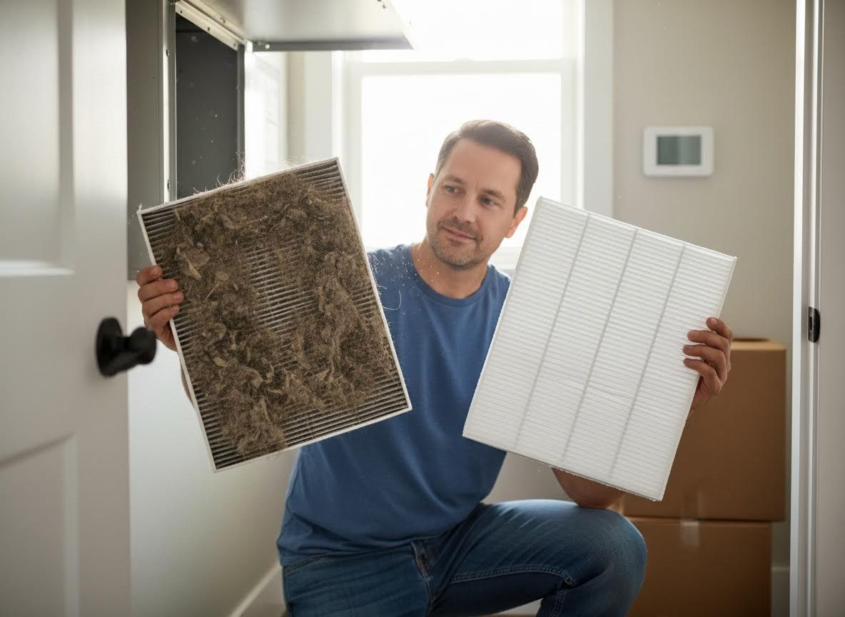 Man holding dirty and clean air filters