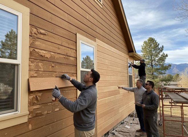 Men replacing old, peeling house siding with new wooden panels, while others supervise. Shows a home exterior renovation project. House Siding Repair and Replacement