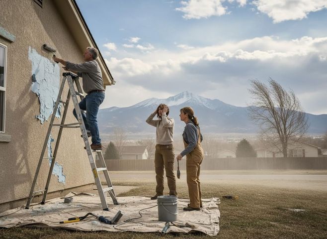 Unsuccessful house painting attempt in dusty, windy conditions