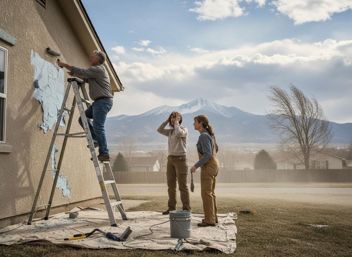 Unsuccessful house painting attempt in dusty, windy conditions