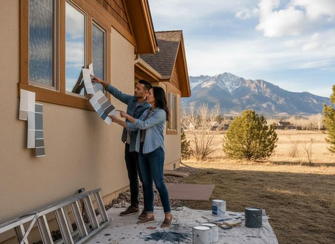 Couple Choosing Exterior Paint Colors for Home Renovation