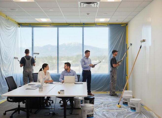 Painters refresh an office while three professionals work at a conference table, overlooking mountain views. Plastic covers protect the room. Office Renovation with Painting Services and Business Meeting