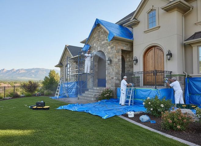 Three workers power wash a large luxury home with stone and stucco. Blue tarps protect the surrounding landscape and features. Professional power washing service cleaning a large house