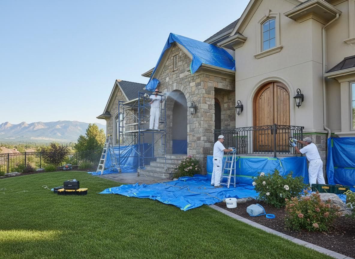 Professional power washing service cleaning a large house