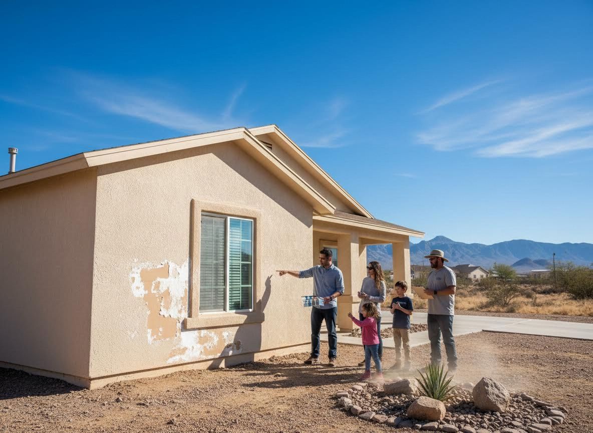 Family and contractor inspect house exterior with peeling paint