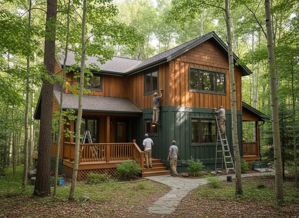 Workers Painting a Woodland Cabin