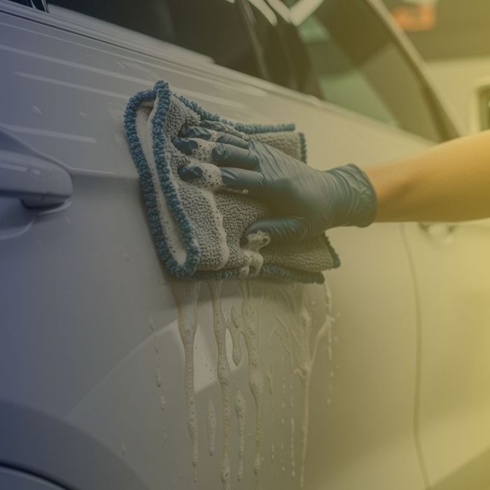 a detailer carefully hand-washing a luxury SUV to safely remove salt spray and grime without scratching the paint