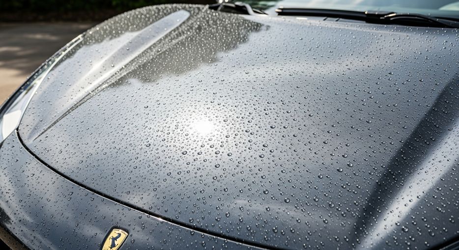 A sleek, dark grey sports car with a mirror-like finish, showing water beading on the hood to demonstrate a ceramic coating.