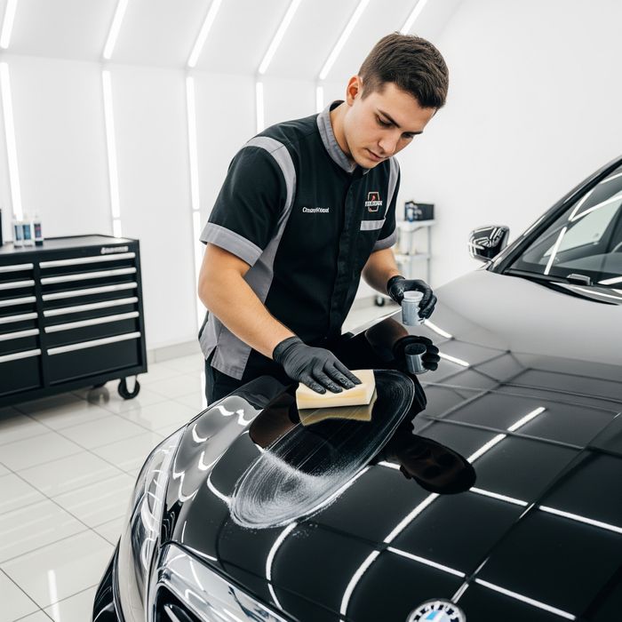 A professional auto detailer in a clean uniform carefully applying a liquid ceramic coating to the panel of a luxury car with a small applicator pad.