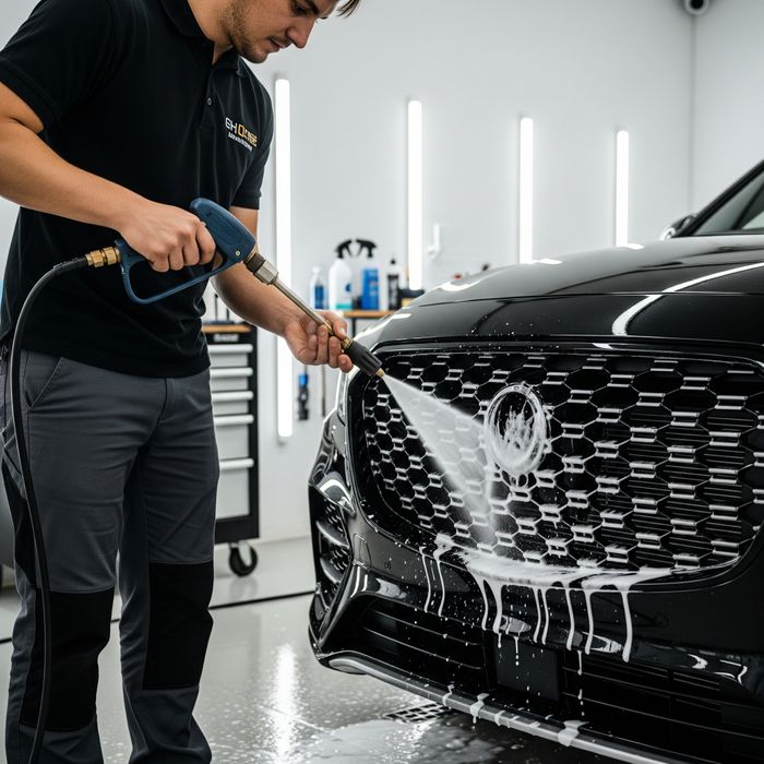 A detailing technician carefully spraying a pH-neutral cleaning foam onto the front grille of a black SUV.
