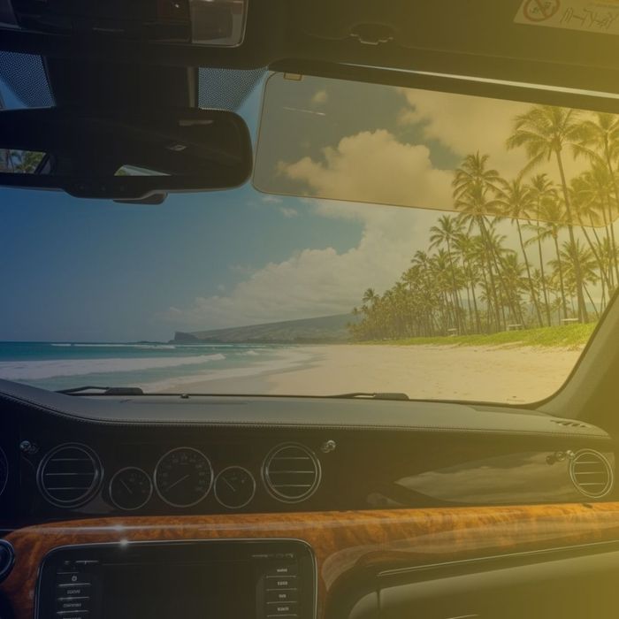 the view from inside a luxury car with a protected, clean dashboard looking out onto a sunny Hawaiian beach