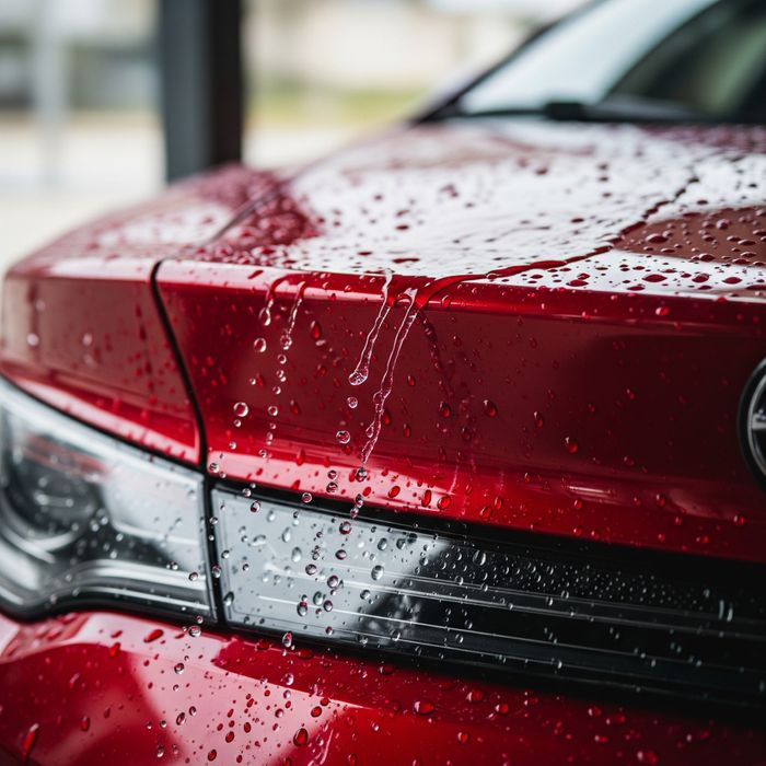 Water droplets beading and rolling off the trunk of a freshly washed red car, showcasing the hydrophobic effect of a ceramic coating.