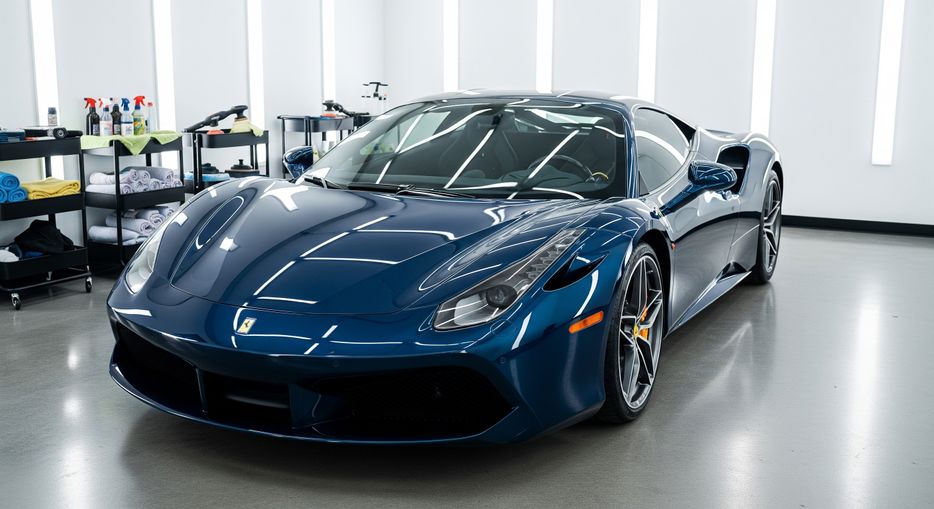 A deep blue luxury sports car with a flawless, mirror-like finish inside a professional detailing studio.
