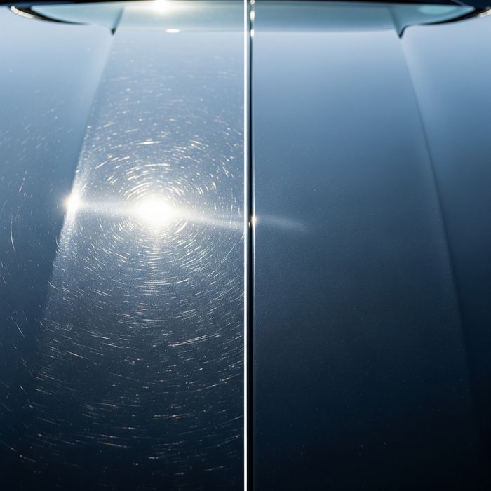 Close-up shot of a car's hood, split in two, showing a before-and-after of paint correction with swirls on one side and perfect gloss on the other.