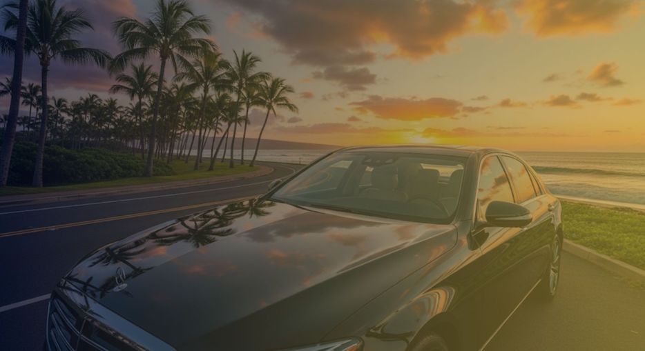 a pristine luxury sedan parked on a Hawaiian coastal road at sunset