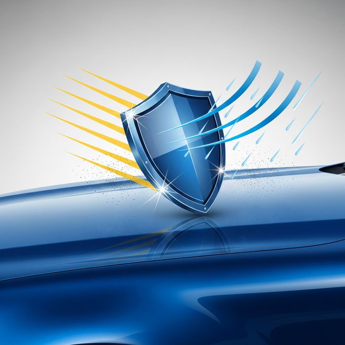 A graphic showing a shield icon deflecting elements like sun rays and rain from the pristine surface of a car's paint.