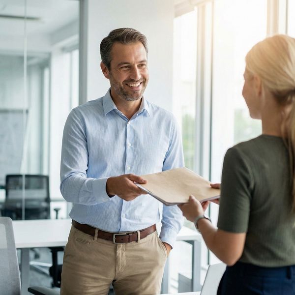 A manager smiling while handing a project file to a team member