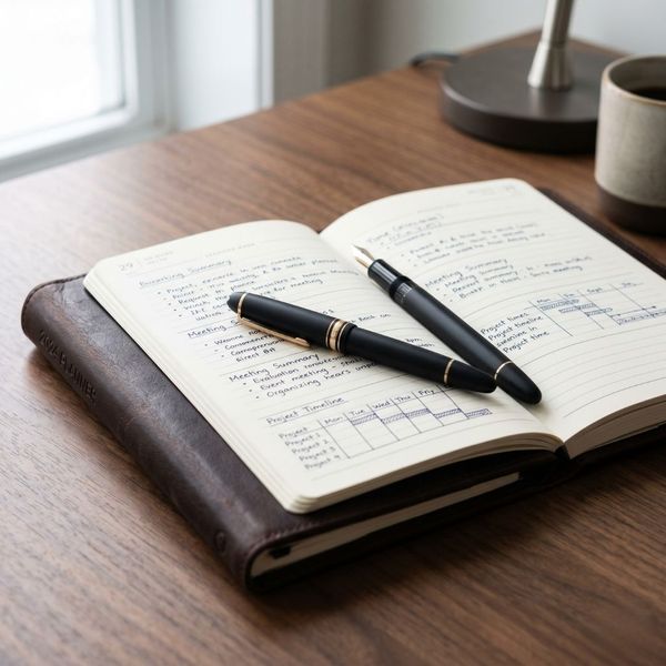 A professional planner and pen symbolizing the intentional shift from tactical execution to strategic design.