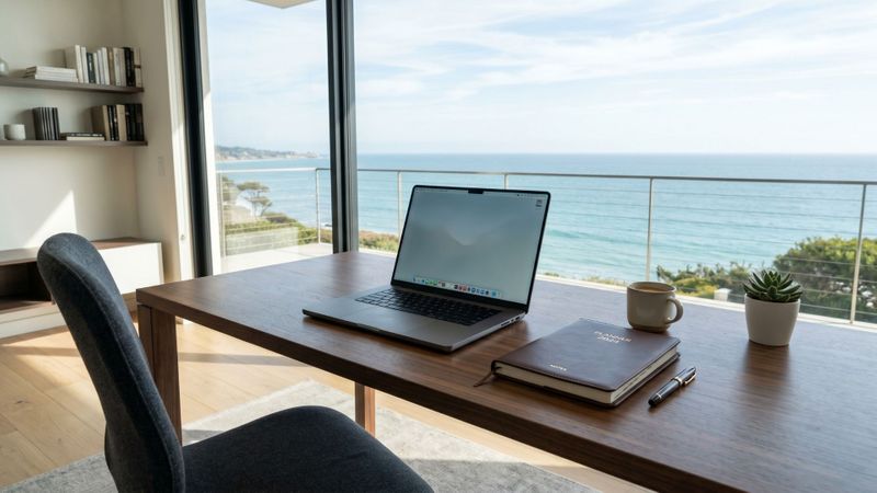 A calm, organized executive desk overlooking the ocean, representing a stable and focused CEO mindset.