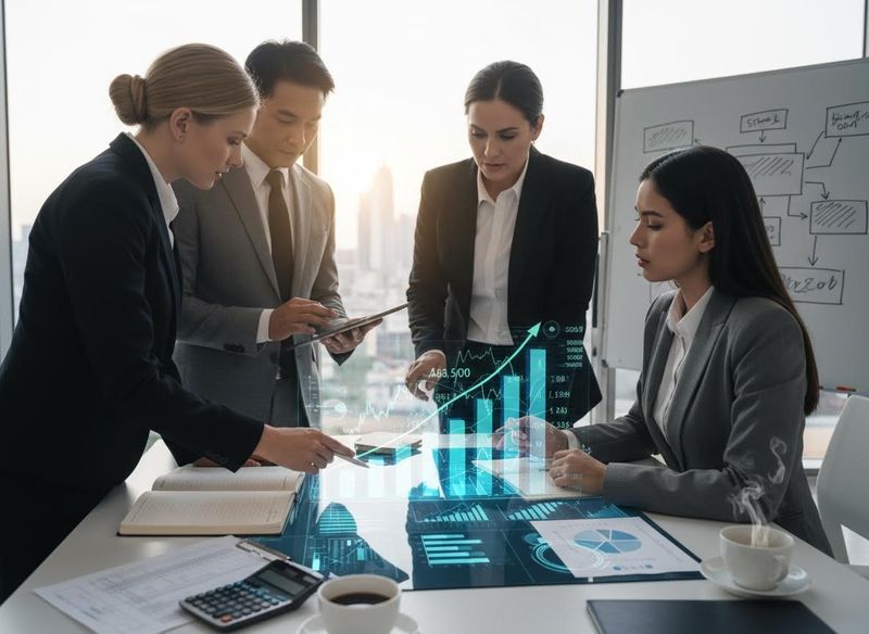 Diverse business team in a modern office analyzes holographic charts and graphs projected onto a table, demonstrating financial growth. Business Team Analyzing Holographic Financial Data