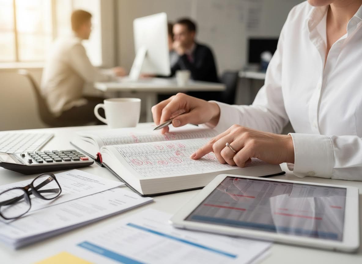 Professional working on financial records in an office