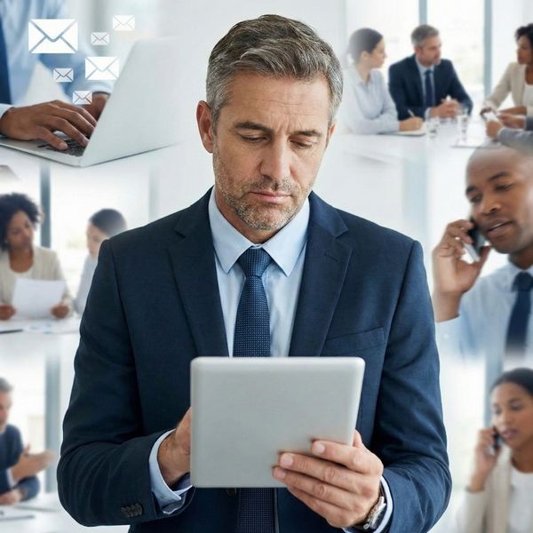 leader looking at a tablet with a weary expression